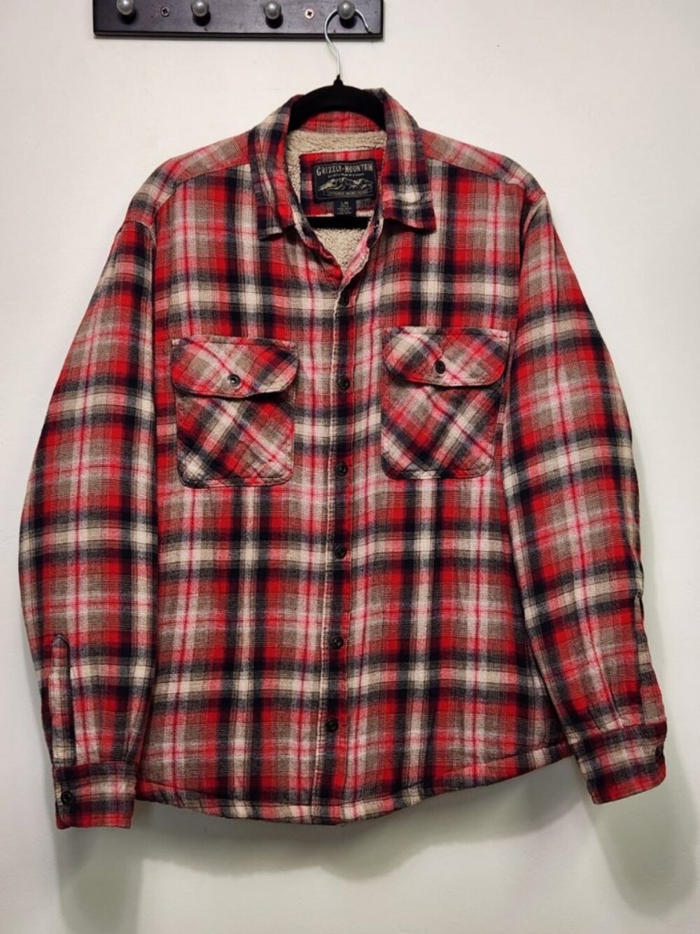 Grizzly Mountain Red Plaid Sherpa Lined Flannel Shirt Jacket Men's L